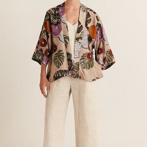 Parfois Fruit Print Kimono Jacket Linen Blend M Relaxed Open Front Tropical